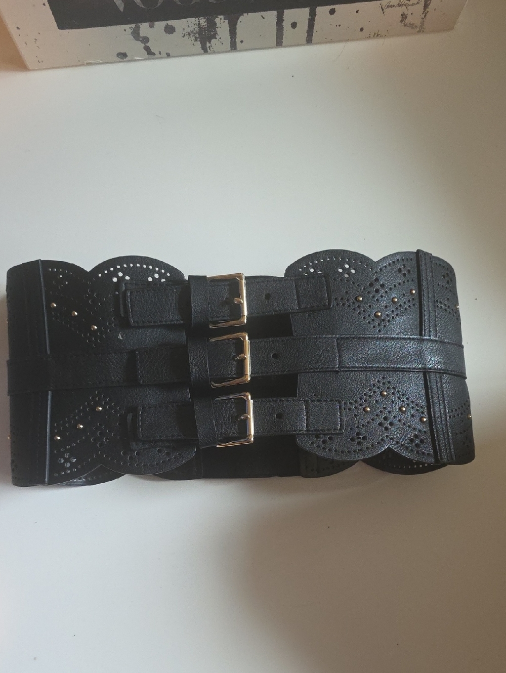 bebe Black Scalloped Triple-Buckle Waist Belt